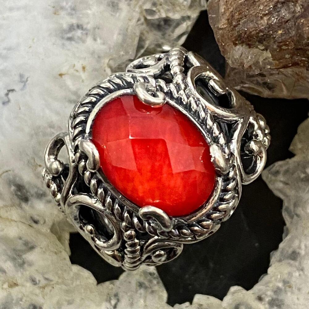 Carolyn Pollack Sterling Silver Oval Red Coral & Quartz Decorated Doublet Ring